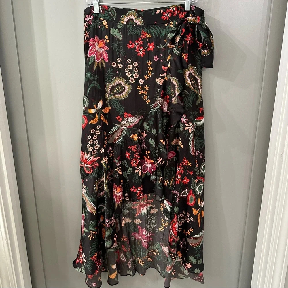 NWT Anthropologie Maxi Skirt Floral Tropical Print Boho Ruffle Wrap Skirt Size S
